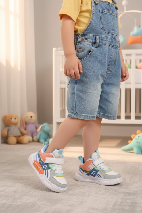 Beyaz-Lacivert Cırtlı Kalın Tabanlı Unisex Çocuk Spor Ayakkabı Sneaker BNI-11092