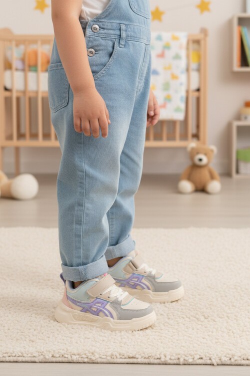 Beyaz-Lila Cırtlı Kalın Tabanlı Kız Çocuk Spor Ayakkabı Sneaker BNI-11092