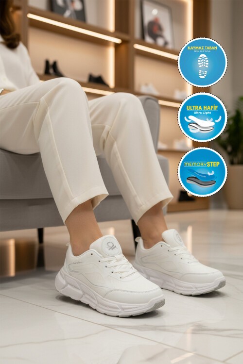 Beyaz Kalın Tabanlı Bağcıklı Fileli Rahat Unisex Yürüyüş ve Spor Ayakkabı Sneaker BNI-11500
