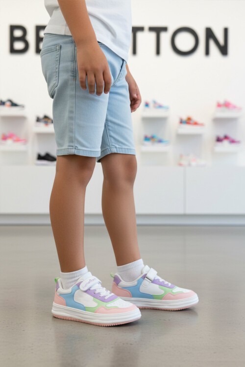 Beyaz-Pudra Cırtlı Kız Çocuk Yürüyüş ve Spor Ayakkabı Sneaker BNI-10020
