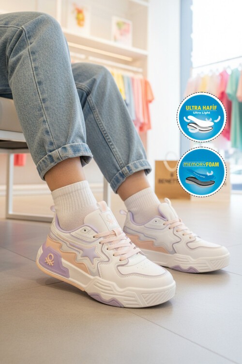 Beyaz-Pudra Bağcıklı Kalın Tabanlı Kadın Yürüyüş ve Spor Ayakkabı Sneaker BNI-11512