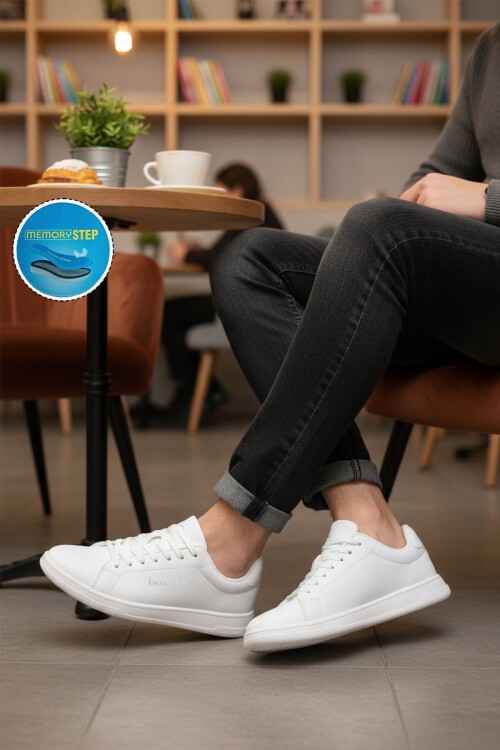 Beyaz Bağcıklı Rahat Tabanlı Erkek Yürüyüş ve Spor Ayakkabı Sneaker BNI-12087