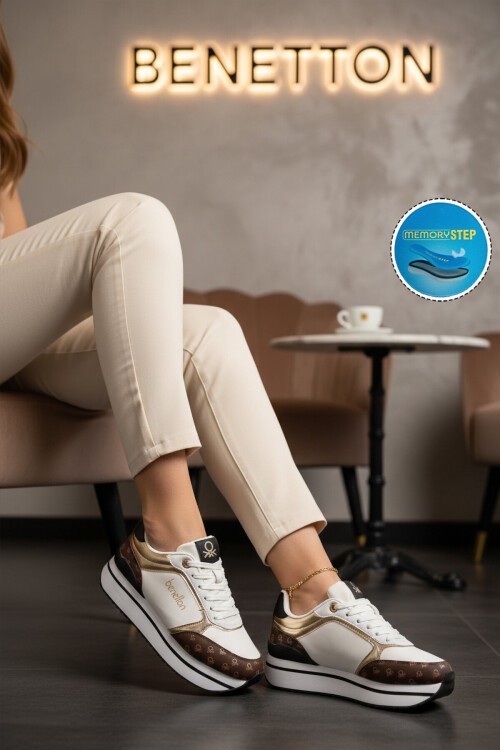 Beyaz Kalın Tabanlı Bağcıklı Kadın Spor Ayakkabı Sneaker BNI-12096