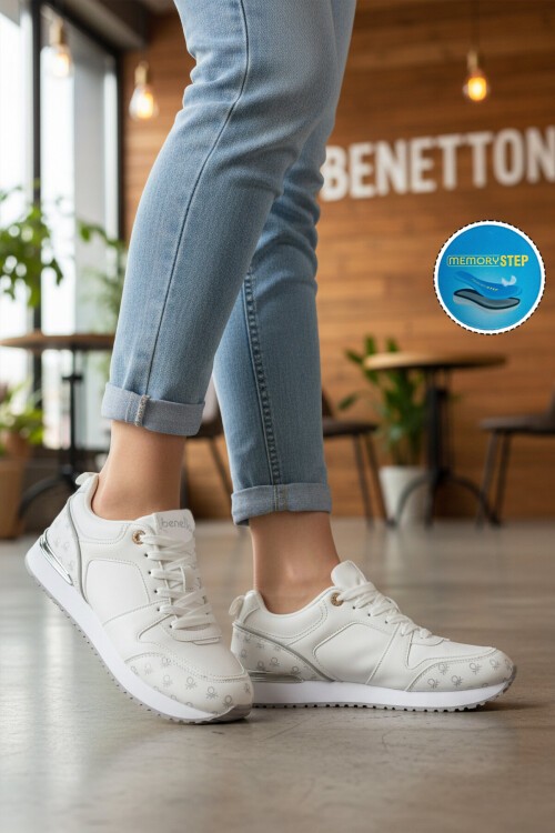 Beyaz Bağcıklı Kalın Tabanlı Kadın Spor Ayakkabı Sneaker BNI-12097