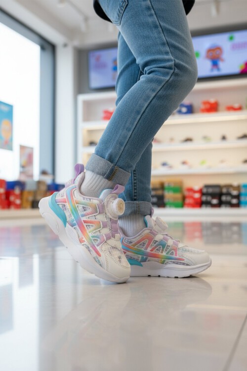 Beyaz Akıllı Bağcıklı Kalın Tabanlı Kız Çocuk Spor Ayakkabı Sneaker BNI-10256