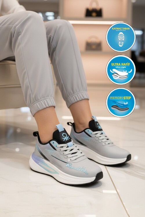 Gri Bağcıklı Hafif Rahat Tabanlı Unisex Yürüyüş ve Spor Ayakkabı BNI-11496