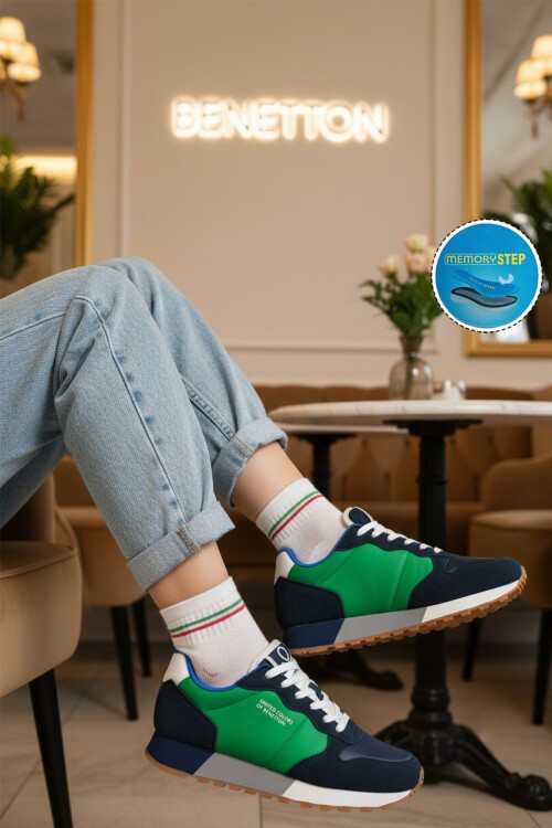 Lacivert-Yeşil Bağcıklı Kalın Tabanlı Unisex Yürüyüş ve Spor Ayakkabı Retro Sneaker BNI-10048