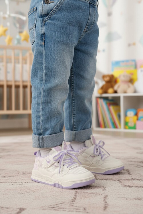 Lila Fileli Cırtlı Bağcıklı Desenli Kız Çocuk Spor Ayakkabı Sneaker BNI-11411
