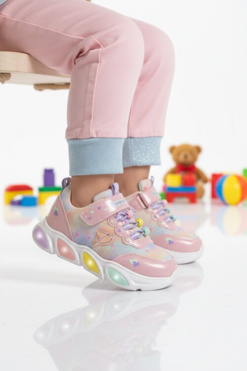 Pembe Cırtlı Işıklı Desenli Kız Çocuk Spor Ayakkabı Sneaker 1998