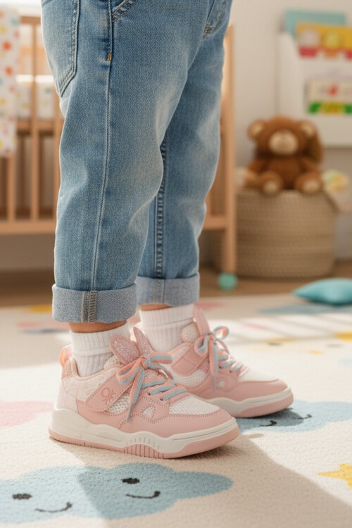 Pudra Fileli Cırtlı Bağcıklı Desenli Kız Çocuk Spor Ayakkabı Sneaker BNI-11411