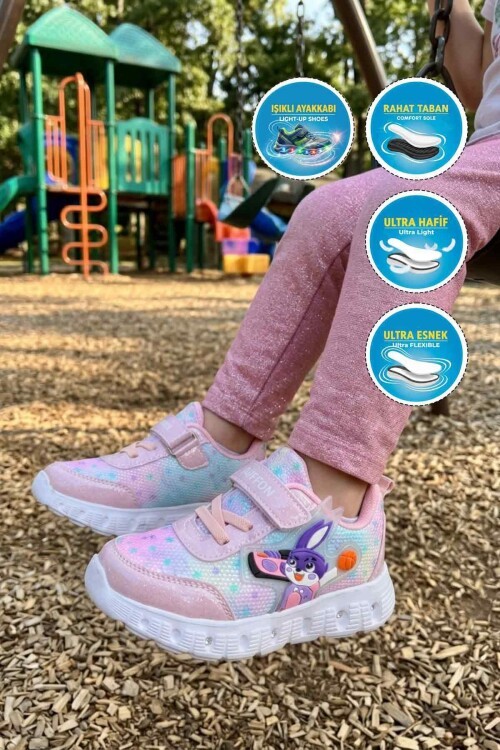 Pudra Simli-Mor Işıklı Hafif Kız Çocuk Spor Ayakkabı 1015 P