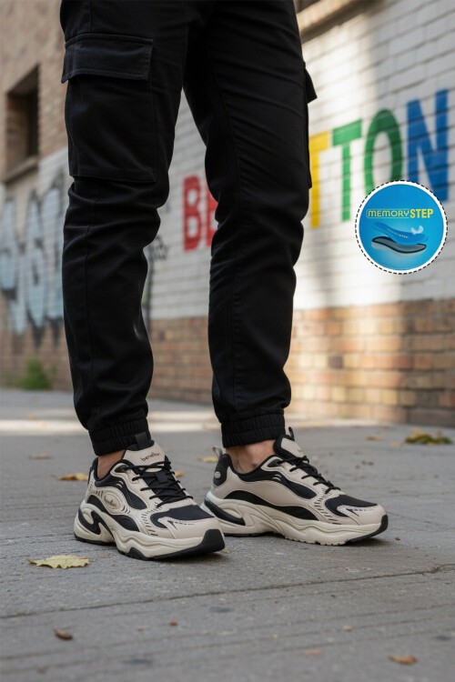 Siyah-Bej Bağcıklı Kalın Rahat Tabanlı Erkek Spor Ayakkabı Sneaker BNI-12086