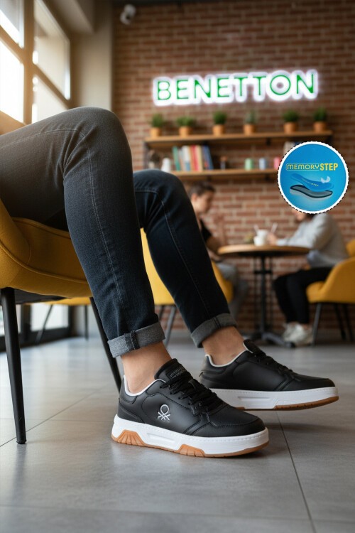 Siyah-Beyaz Bağcıklı Kalın Rahat Tabanlı Erkek Yürüyüş ve Spor Ayakkabı Sneaker BNI-11219