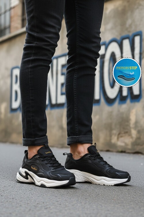 Siyah-Beyaz Bağcıklı Kalın Rahat Tabanlı Erkek Spor Ayakkabı Sneaker BNI-12086