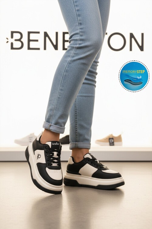Siyah-Beyaz Bağcıklı Kalın Tabanlı Kadın Yürüyüş Ayakkabı Sneaker BNI-12046