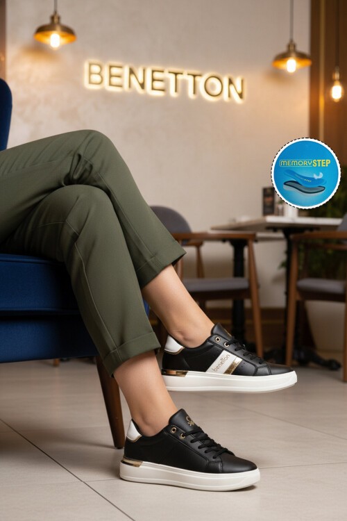Siyah-Beyaz Bağcıklı Kalın Rahat Tabanlı Kadın Yürüyüş ve Spor Ayakkabı Sneaker BNI-12074