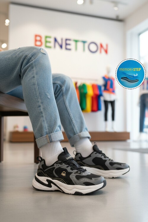Siyah-Beyaz Fileli Hafif Rahat Kalın Tabanlı Erkek Spor Ayakkabı Sneaker BNI-12089