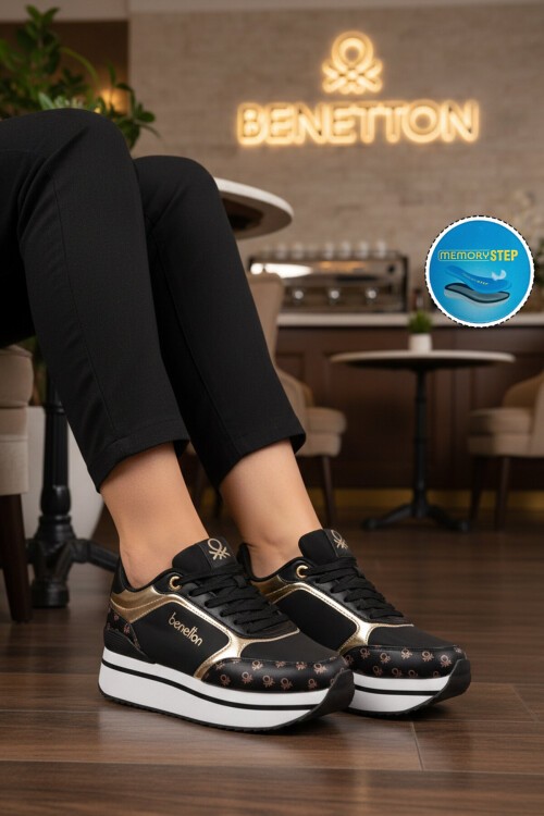 Siyah-Beyaz Kalın Tabanlı Bağcıklı Kadın Spor Ayakkabı Sneaker BNI-12096