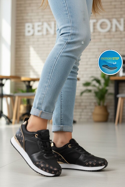 Siyah-Beyaz Bağcıklı Kalın Tabanlı Kadın Spor Ayakkabı Sneaker BNI-12097