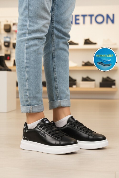 Siyah-Beyaz Bağcıklı Kalın Tabanlı Unisex Spor Ayakkabı Sneaker BNI-12098
