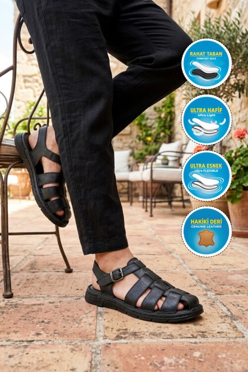 Siyah Hakiki Deri Erkek Sandalet PC-7462 M