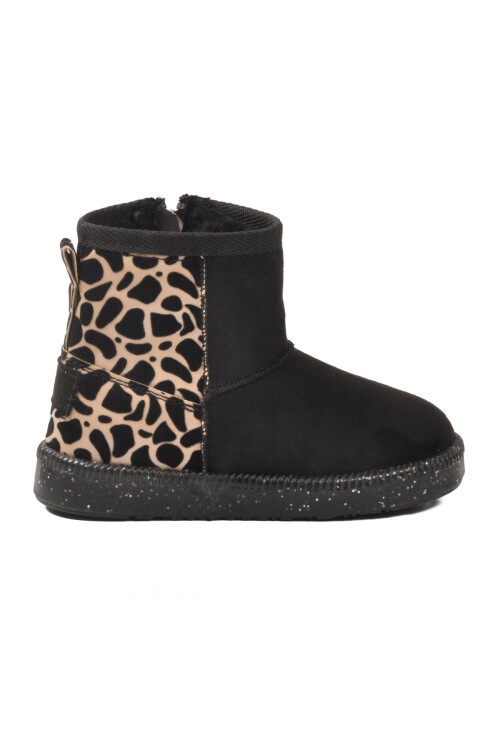 Siyah Leopar İçi Kürklü Fermuarlı Kız Çocuk Bot 1212 P