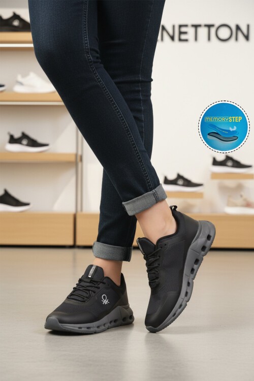 Siyah Bağcıklı Rahat Hafif Esnek Unisex Yürüyüş ve Spor Ayakkabı BNI-11050