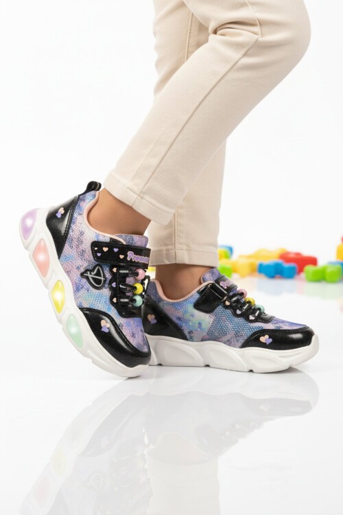 Siyah Cırtlı Işıklı Desenli Kız Çocuk Spor Ayakkabı Sneaker 1998