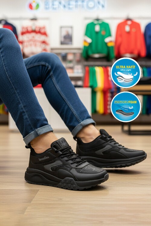 Siyah Bağcıklı Rahat Tabanlı Erkek Sneaker Koşu ve Spor Ayakkabı BNI-11504
