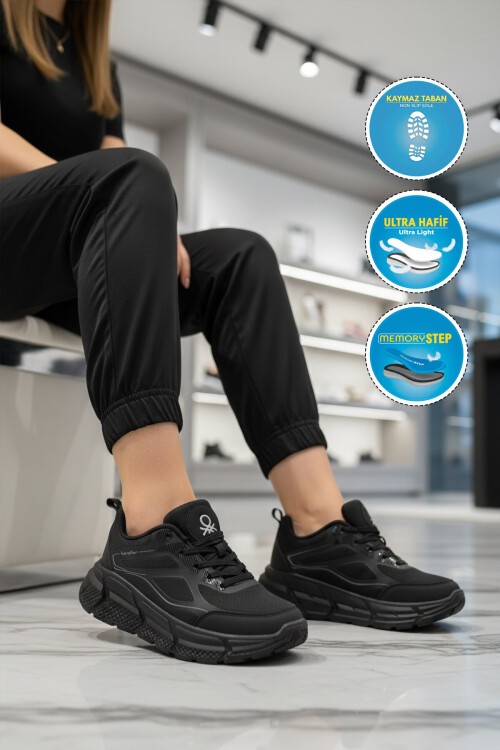 Siyah Kalın Tabanlı Bağcıklı Fileli Rahat Unisex Yürüyüş ve Spor Ayakkabı Sneaker BNI-11500