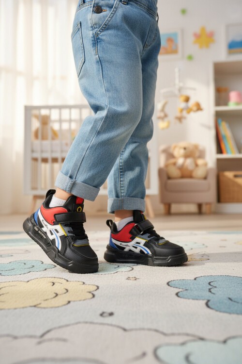 Siyah Cırtlı Kalın Tabanlı Unisex Çocuk Spor Ayakkabı Sneaker BNI-11092