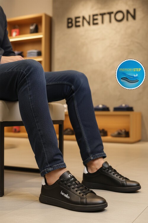Siyah Bağcıklı Rahat Tabanlı Erkek Yürüyüş ve Spor Ayakkabı Sneaker BNI-12087