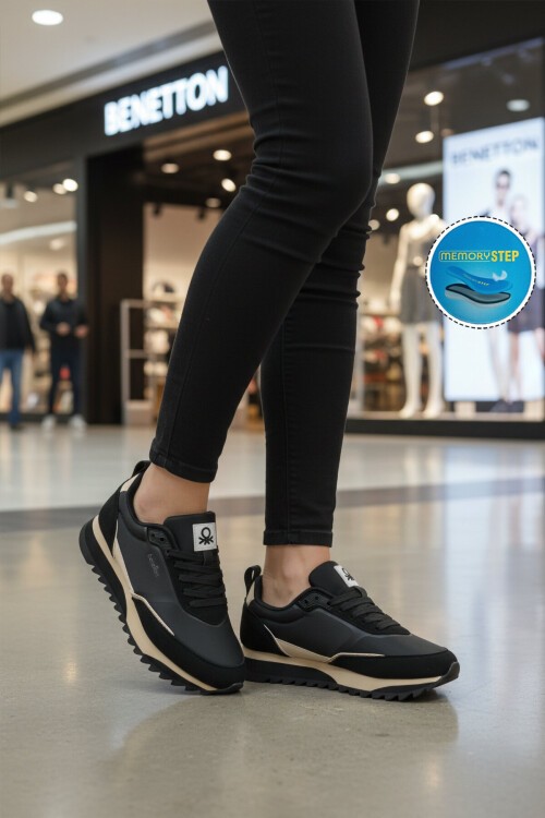 Siyah Bağcıklı Kalın Tabanlı Kadın Yürüyüş ve Spor Ayakkabı Sneaker BNI-11133