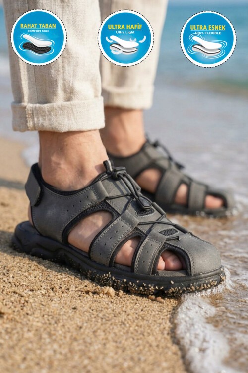 Erkek Outdoor Kapalı Burun Sandalet Lastik Bağcıklı Taban Antrasit Ayakkabı 4870 M