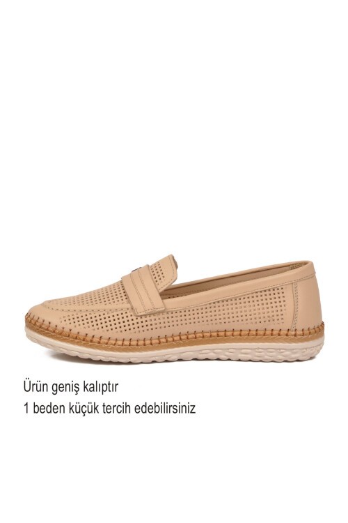 Bej Geniş Kalıp Hafızalı Taban Hakiki Deri Kadın Günlük Loafer Ayakkabı Z142 Z