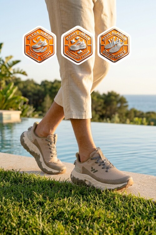 Bej Fileli Hafif Rahat Hafızalı Kalın Tabanlı Erkek Yürüyüş ve  Spor Ayakkabı Sneaker Flystep M