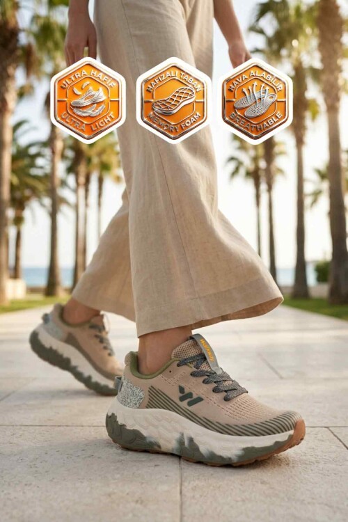 Bej Fileli Hafif Rahat Hafızalı Kalın Tabanlı Unisex Yürüyüş ve  Spor Ayakkabı Sneaker Flystep G