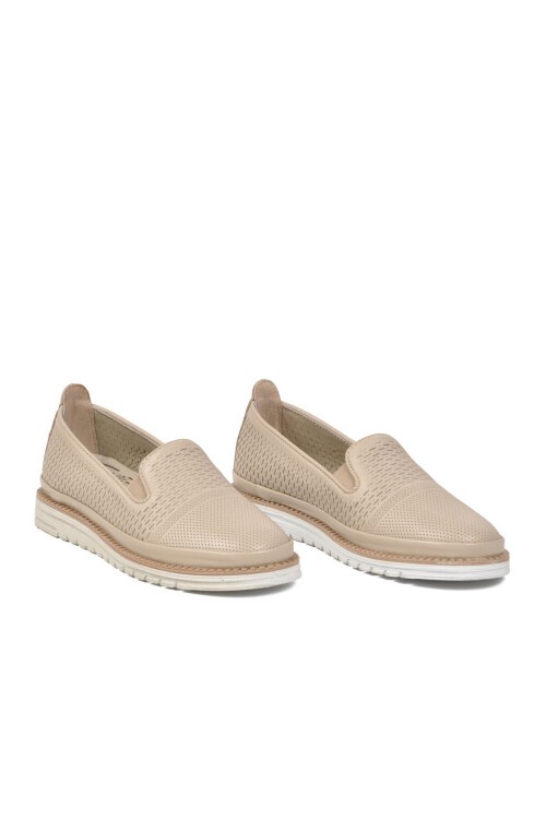 Bej Hakiki Deri Anatomik Rahat Yan Lastikli Kadın Casual Loafer Ayakkabı Z281