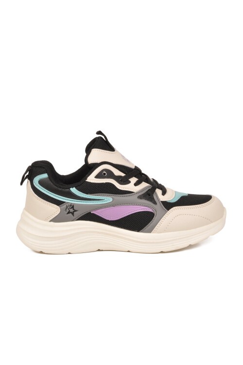 Bej-Siyah Fileli Hava Alabilen Bağcıklı Rahat Tabanlı Unisex Yürüyüş ve Spor Ayakkabı Sneaker 26106 G