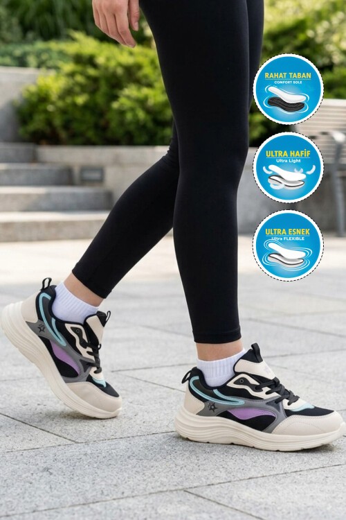 Bej-Siyah Fileli Hava Alabilen Bağcıklı Rahat Tabanlı Unisex Yürüyüş ve Spor Ayakkabı Sneaker 26106 G