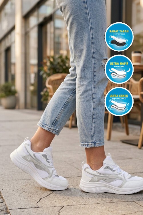 Beyaz-Gri Fileli Hava Alabilen Bağcıklı Rahat Tabanlı Unisex Yürüyüş ve Spor Ayakkabı Sneaker 26106 G