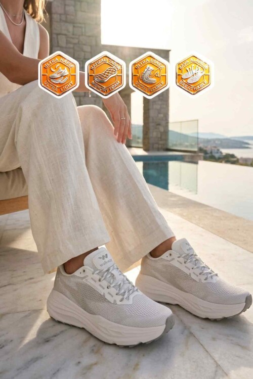 Beyaz-Gümüş Fileli Bağcıklı Hafızalı Rahat Tabanlı Unisex Yürüyüş ve Spor Ayakkabı Flexion G
