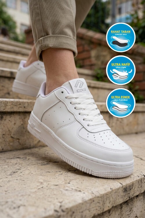 Beyaz Bağcıklı Kalın Tabanlı Unisex Yürüyüş ve Spor Ayakkabı Klasik Sneaker Pekin Kısa