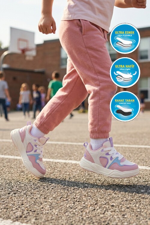 Beyaz-Pudra Fileli Bağcıklı Kız Çocuk Spor Ayakkabı Sneaker Jacop