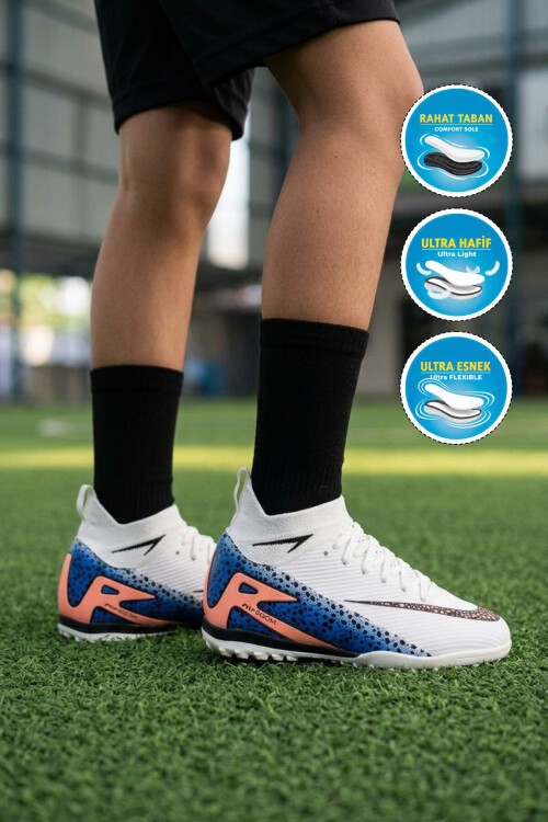 Beyaz-Siyah Bilekten Sarmalı Unisex Halı Saha Futbol Ayakkabısı 610 Süperfly G