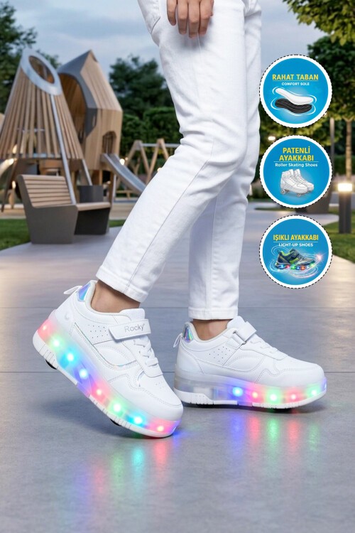 Beyaz Işıklı Ortopedik Unisex Çocuk Patenli Spor Ayakkabı Glow F