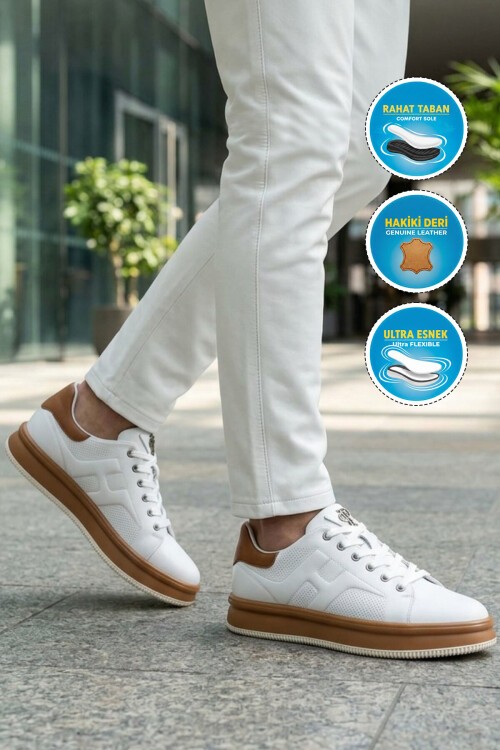 Beyaz-Taba Memory Taban Premium Casual Ayakkabı Hakiki Deri Erkek Günlük Sneaker M030 M