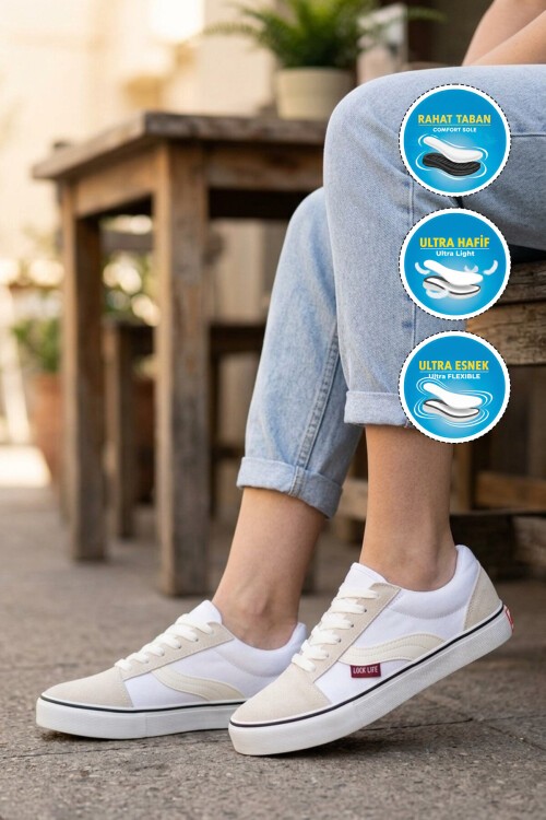 Beyaz Dar Kalıp Erkek Kanvas Hava alabilen Rahat Sneaker Spor Ayakkabı 1002 G