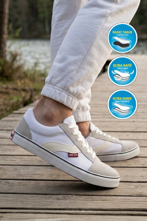 Erkek Beyaz Günlük Spor Ayakkabı Bağcıklı Casual Kanvas Sneaker 1002