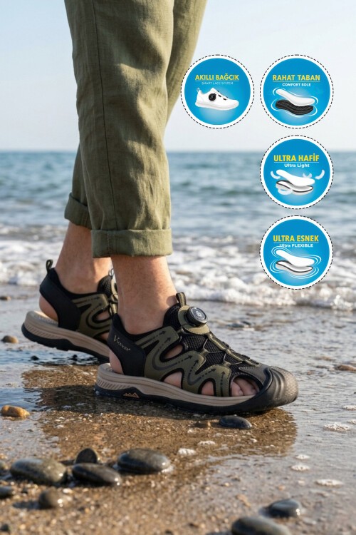 Erkek Outdoor Trekking Sandalet Çevirmeli Hızlı Bağlama Kapalı Burun Nefes Alabilen Haki E339 M